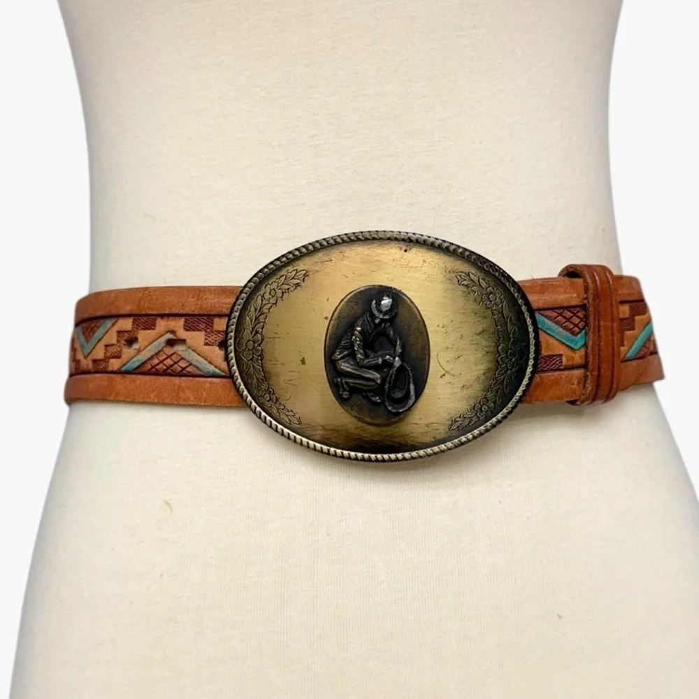 Vintage Chambers Leather Western Belt Tan Tooled Painted Brass Cowboy Buckle